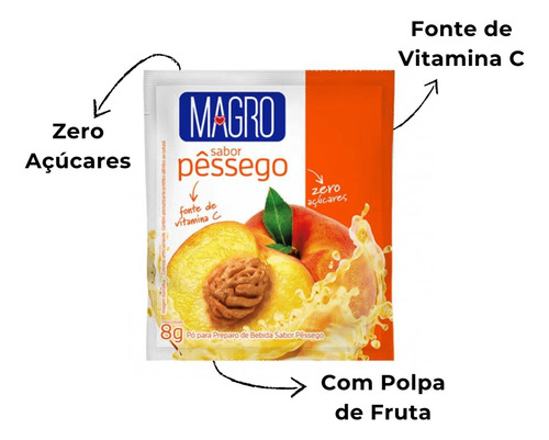 Refresco Em Pó Sabor Pêssego Zero Açúcar Magro 8g Kit Com 15