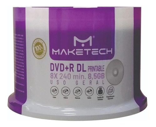 100 Dvd+r Dl Maketech 8.5gb/ 8x - Printable  - Frete Grátis!