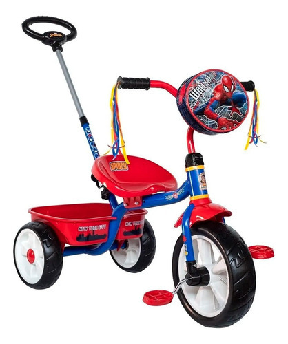 Triciclo Apache Para Niño Spiderman Cajuela Barra Empuje Color Rojo