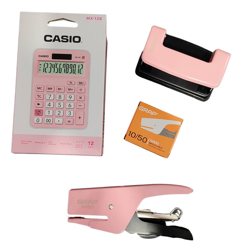 Combo Casio Abrochadora Perforadora Ganchos Grap Colores Rosa Claro