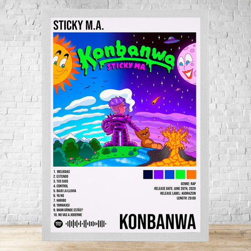 Cuadro Sticky M.a. Konbanwa 30x40 Con Vidrio Y Marco C187 Blanco Clasico