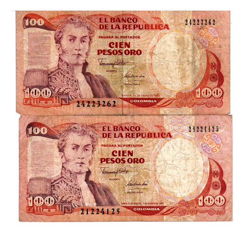 100 Pesos Oro Colombia 1990 X 2 Billetes Coleccion