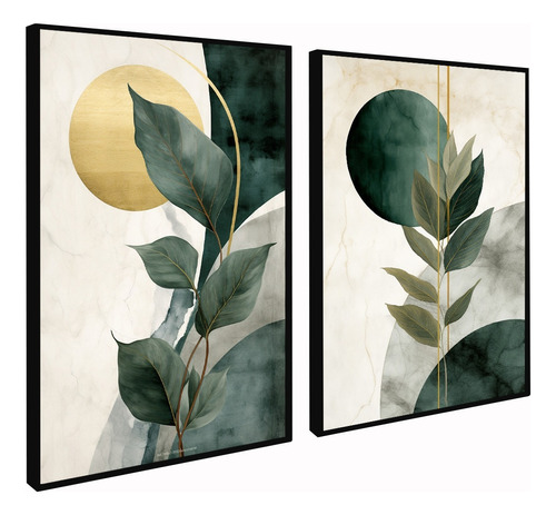 Kit 2 Quadros Decorativos Abstrato Folhas Verdes Com Vidro