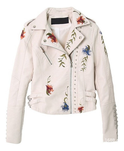 Chaqueta De Cuero Slim-fit Bordada Con Tachuelas For Mujer