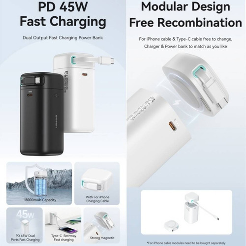 Power Bank 18000mah 45w Cable Retráctil Tipo-c Usams Blanco