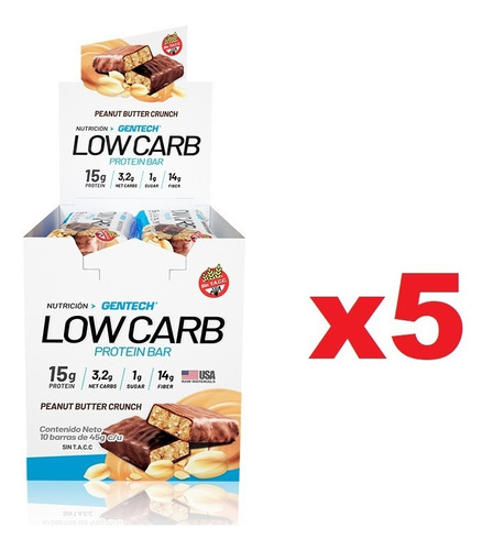 5 Cajas X 10 Unid Low Carb Bar Barritas Proteicas Sin Tacc 