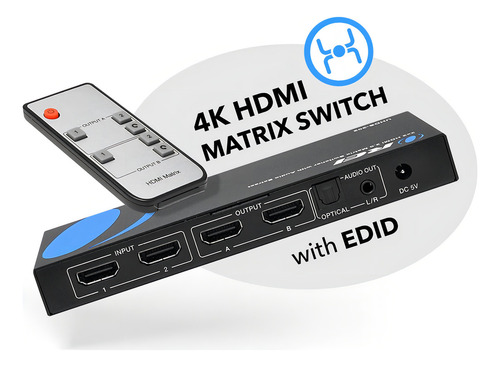 Matriz Conmutadora 2x2 Hdmi Orei 4k, 18g Ultrahd Soporta Hasta 4k @ 60hz Y 1080p Ir Edid Hdcp 2.0 (2 Entradas - 2 Salidas) Incluye Control Remoto