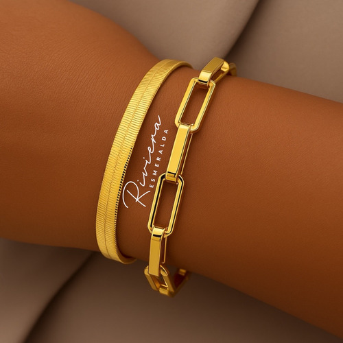 Conjunto 2 Pçs Pulseira Lisa Cadeado Banhada A Ouro 18k Grif