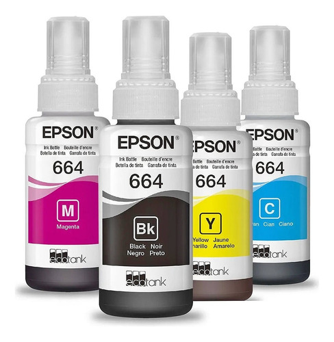 Tinta De Impressora Epson 664 Preto, Ciano, Amarelo, Magenta De 280 Ml 4 Unidades