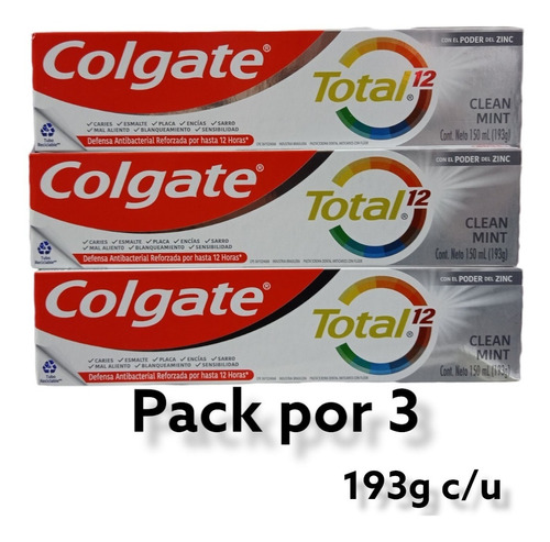Pack X 3 Pasta Dental Colgate Total 12 Clean Mint 193g