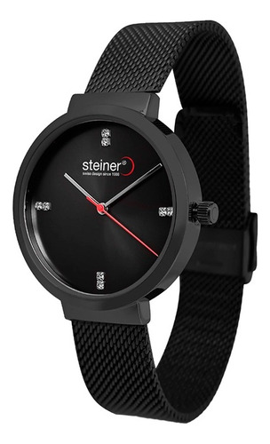 Reloj Análogo Para Dama 36 Mm Steiner Acero Inox 3atm Correa Negro Bisel Negro Fondo Negro
