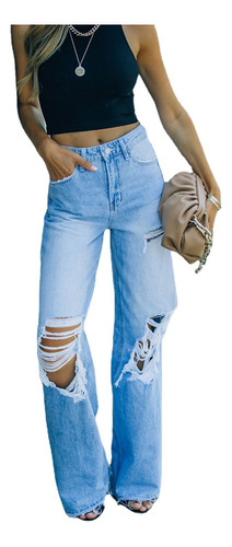 Jeans Rasgados Sueltos De Moda De Cintura Alta Para Mujer