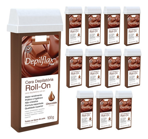 Kit 12 Refil Ceras Refil Roll On Depilação Chocolate 100g
