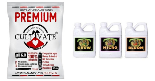 Cultivate Sustrato Premium 80lt. Bases Micro Grow Bloom 1lt.