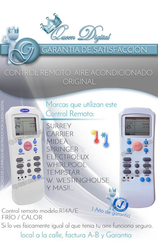 Imagen 2 de 9 de Control Remoto Aire Acondicionado Para Surrey Carrier R14a-e