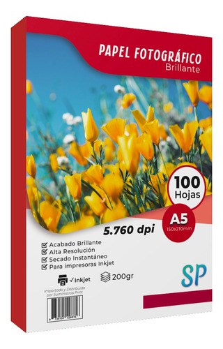 Papel Fotográfico Glossy A5 200gr Alto Brillo X 100 Hojas