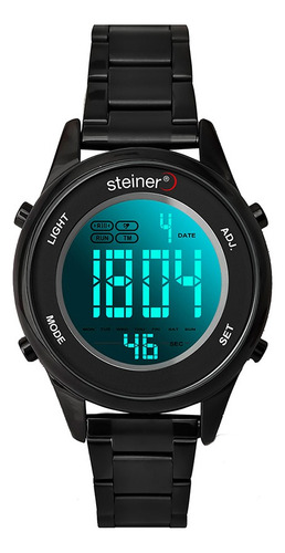 Reloj Digital Steiner Para Dama Correa Acero Inoxidable 3atm Correa Negro Bisel Negro Fondo Gris