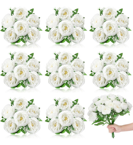 Ramo De 8 Peonías Blancas Artificiales, Flores De Seda Fals