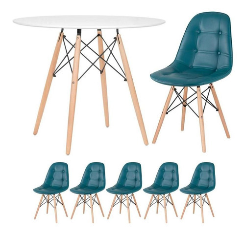 Kit Mesa Jantar Eames Wood 90 Cm E 5 Cadeiras Eames Botonê Cor Da Tampa Mesa Branco Com Cadeiras Turquesa