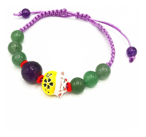 Pulsera De Hilo Con Gato Fortuna Y Amatista Y Jade Natural