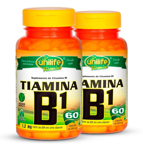 Kit 2 Vitamina B1 Tiamina 60 Cápsulas Unilife. Sabor Sem Sabor