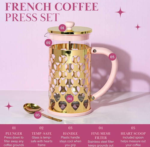 Cafetera De Prensa Francesa 8tazas Con Cuchara Paris Hilton Rosa