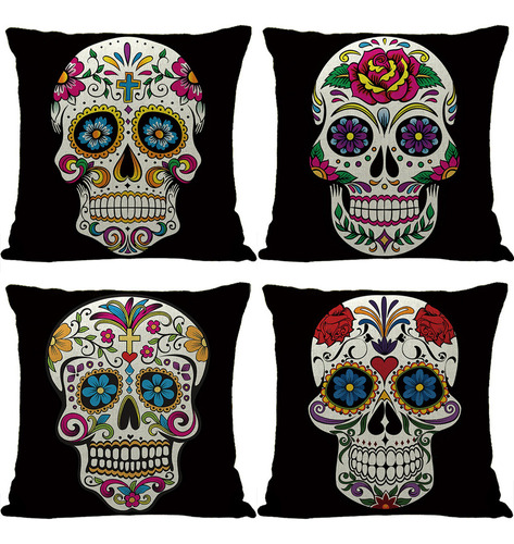 4 Fundas De Almohada Con Calavera Del Día De Los Muertos