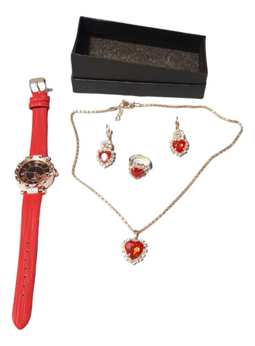 Set De Reloj + Collar + Aretes + Anillo Corazón Regalo Joyas