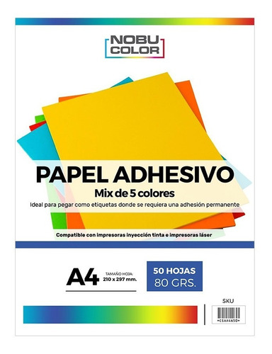 Papel Adhesivo Mix 5 Colores A4 - 80grs - 50 Hojas
