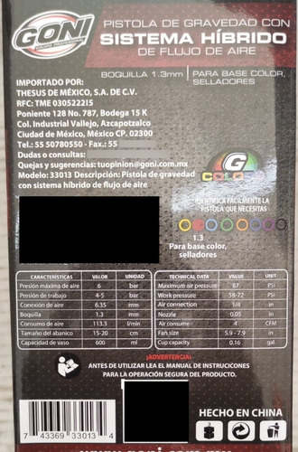 Pistola Gravedad Goni 33013 Hibrida 1.3mm 600ml