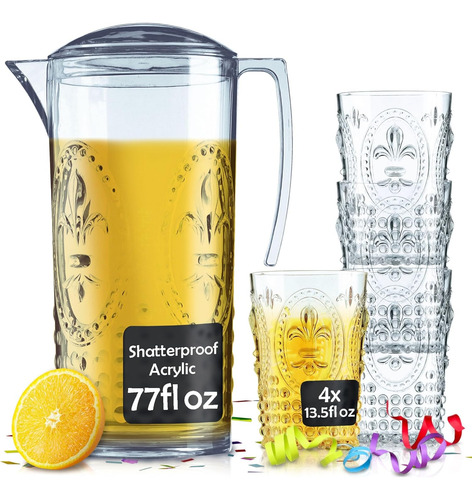 Juego De 5 Jarras Plásticas Y Vasos Con Tapa - Jarra Grande