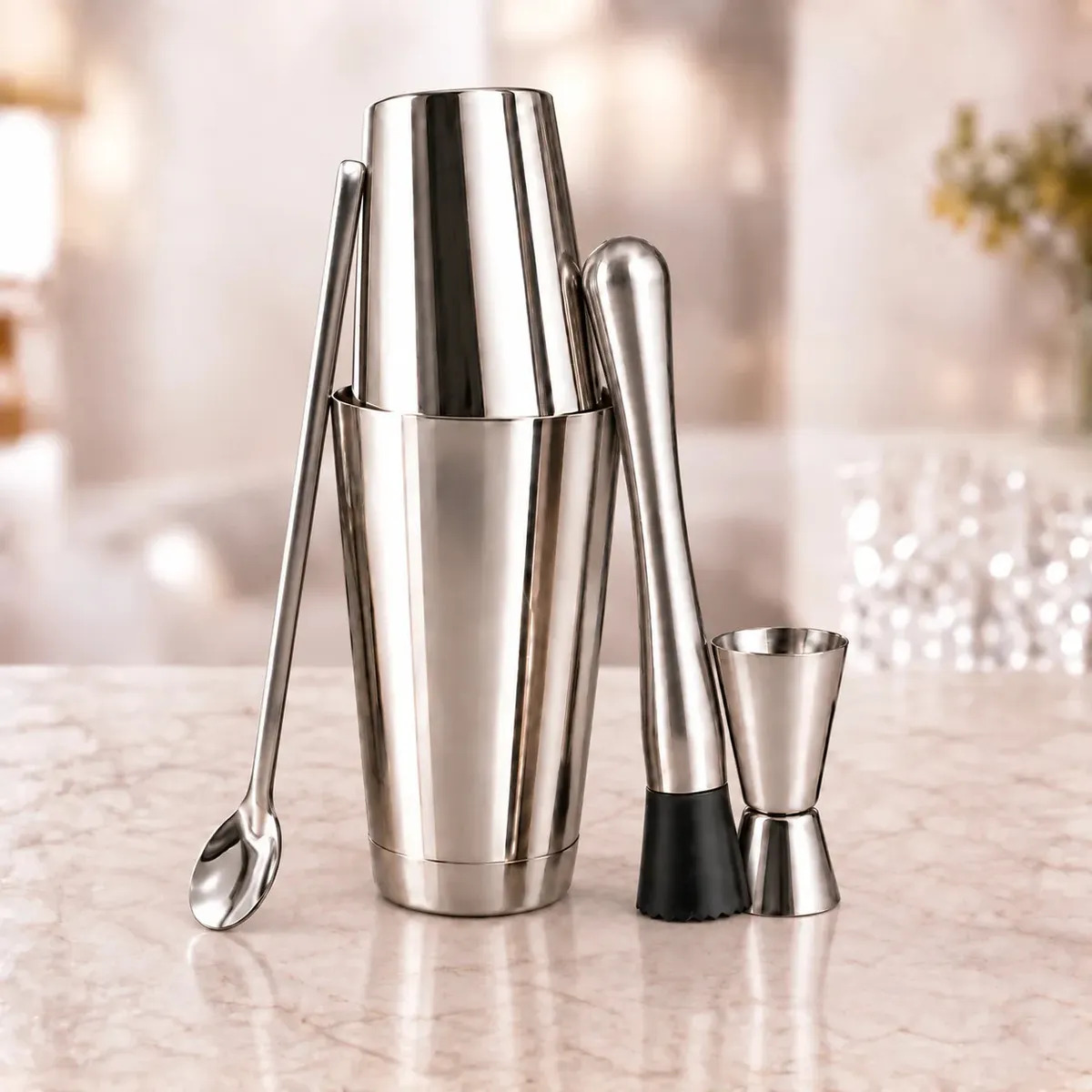 Kit Barman Coqueteleira Boston Profissional Para Drinks Cor Inox
