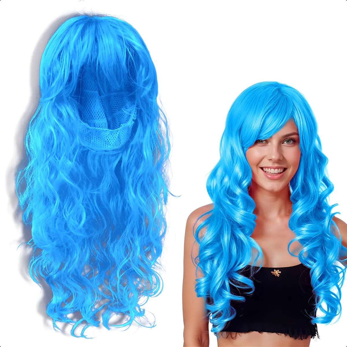 Imagen de Peluca de Fantasía Rizos de Tamaño Largo para Eventos Bodas y Fiestas Pelo/Cabello Artificial Chino Estilo Hondulado de Color Azul Eléctrico Tipo Fantasía GRUPO CARNAVALLIA
