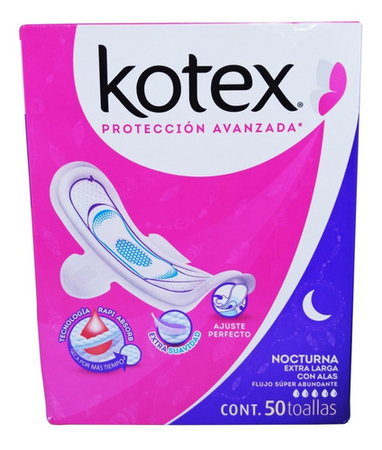 Toallas Femeninas Kotex Nocturna C/ Alas Súper Abundante 50 