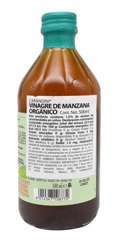 Vinagre De Manzana Orgánico Con Madre 500ml Carandini