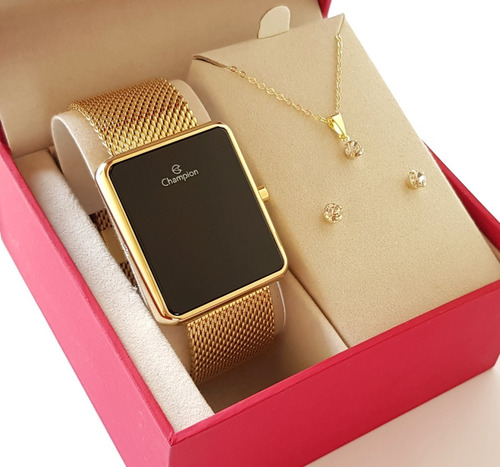 Relógio Champion Feminino Dourado Luxo + Colar E Brincos 18k