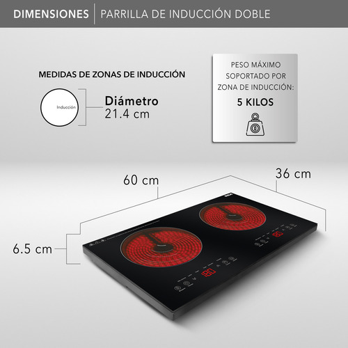 Parrilla De Inducción Rc-12a4 Cristal Templado 2 Quemado Negro