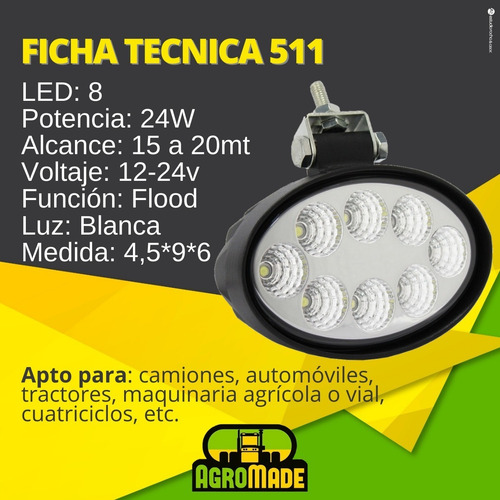 Faro Ovalado Auxiliar 8 Led 24w Tractor Agro Vial Mod. 511