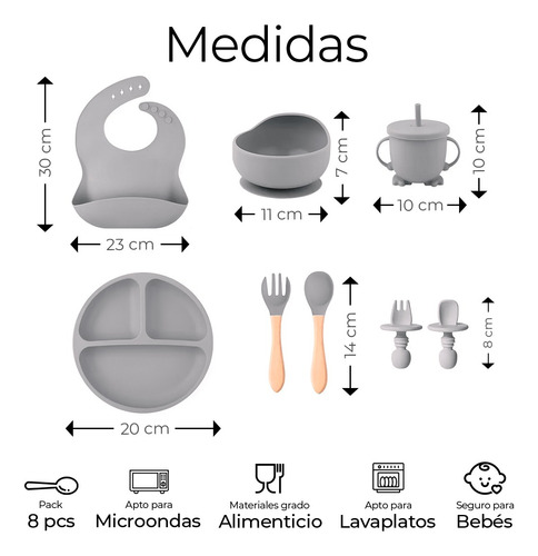 Set De Cubiertos Para Bebés Silicona Plato Antideslizante Color Gris Liso Personaje Ninguno