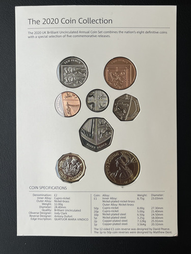 Set Moedas Escudo Britânico + 1 E 2 Pounds 2020 - Inglaterra (Usado)
