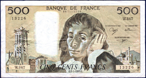 500 Francos 2 5 1991 Billete De Francia Blaise Pascal