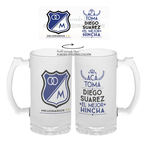 Mug Cervecero Taza Millos F.c Nombre Vidrio Opalizado