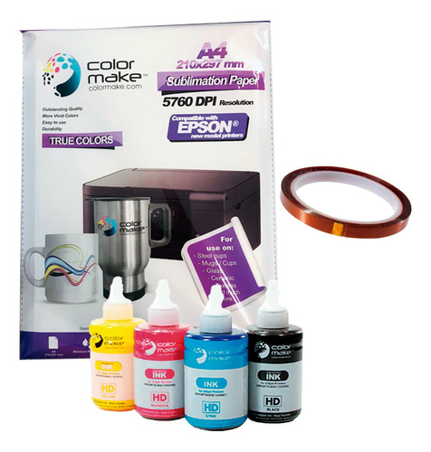 Kit 4 Tintas Sublimación 125 Ml. + Papel + Cinta Colormake