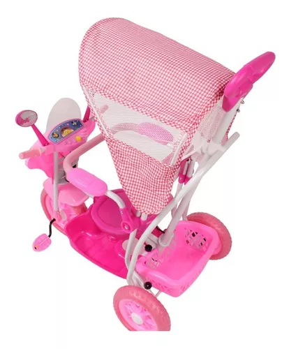 Triciclo Motinha Infantil C/ Capota Rosa Passeio E Pedal Bel