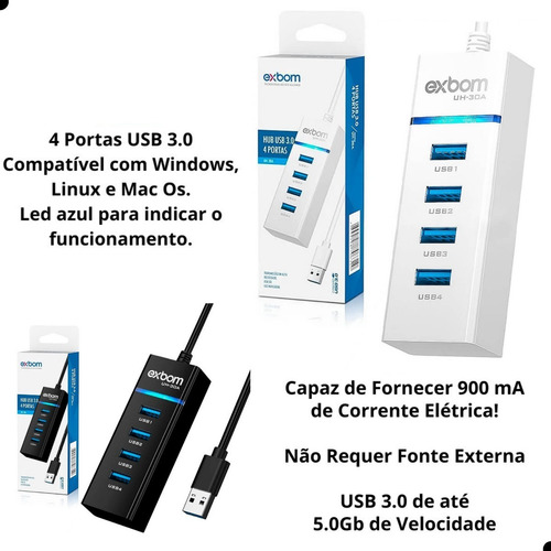 Hub Usb 3.0 Extensor 4 Entradas Impressora, Notebook, Game
