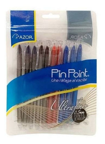 Bolígrafos Ultra Fino 0.5 Mm Negro, Rojo, Azul Azor 10 Pzs