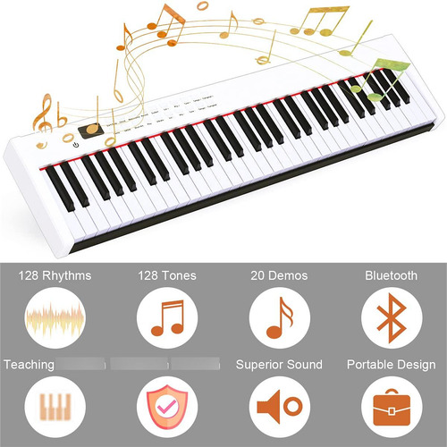 Piano Digital De 61 Teclas Semipesadas Portátil Estéreo Blanco