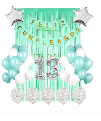 Imagen 1 de 2 de Combo Deco Feliz Cumple Verde Agua Pastel Cortina Banderin
