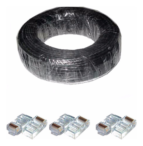 100m De Cabo Rede Cat5e Com 4 Pares + 20 Plug Rj45 - Preto