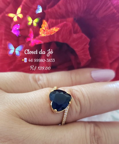 Anel Coração Safira Azul Bruna Semijoias